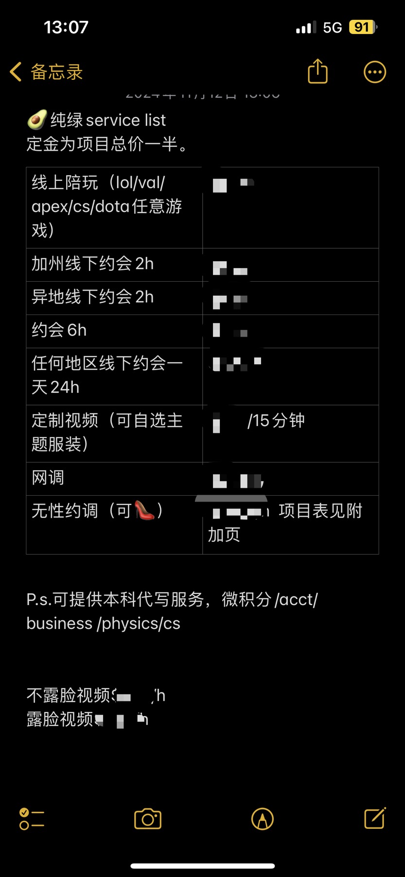 Service List Price Table